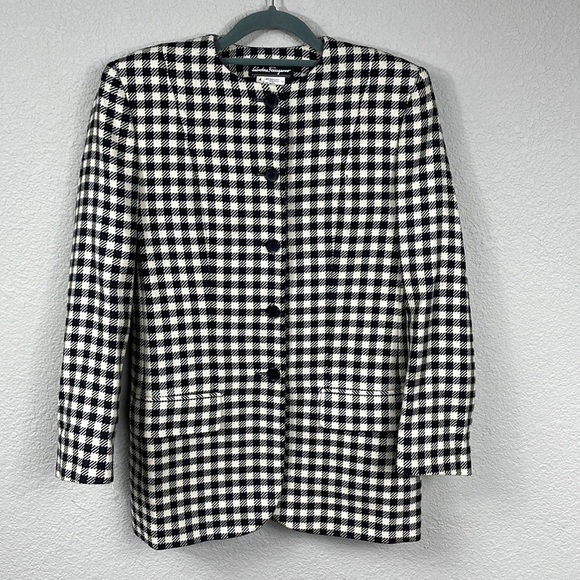 Salvatore Ferragamo Black White Checkered Plaid Blazer Mini Dress Jacket Sz 4 - Picture 12 of 14
